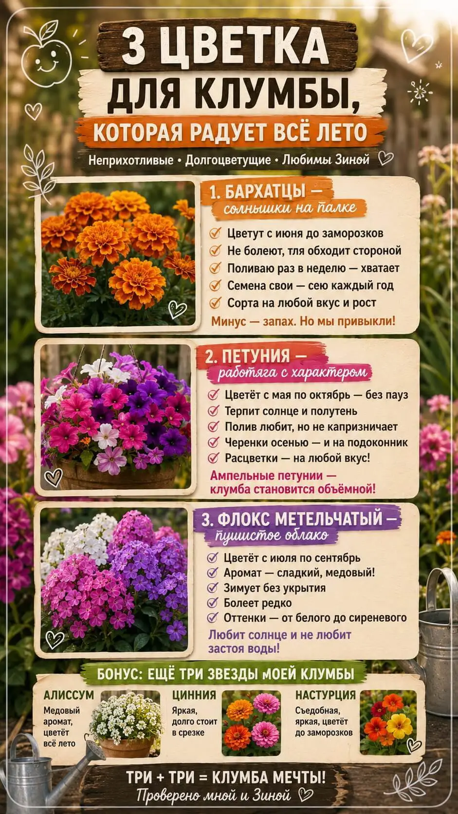 Бархатцы, петуния и флокс метельчатый
