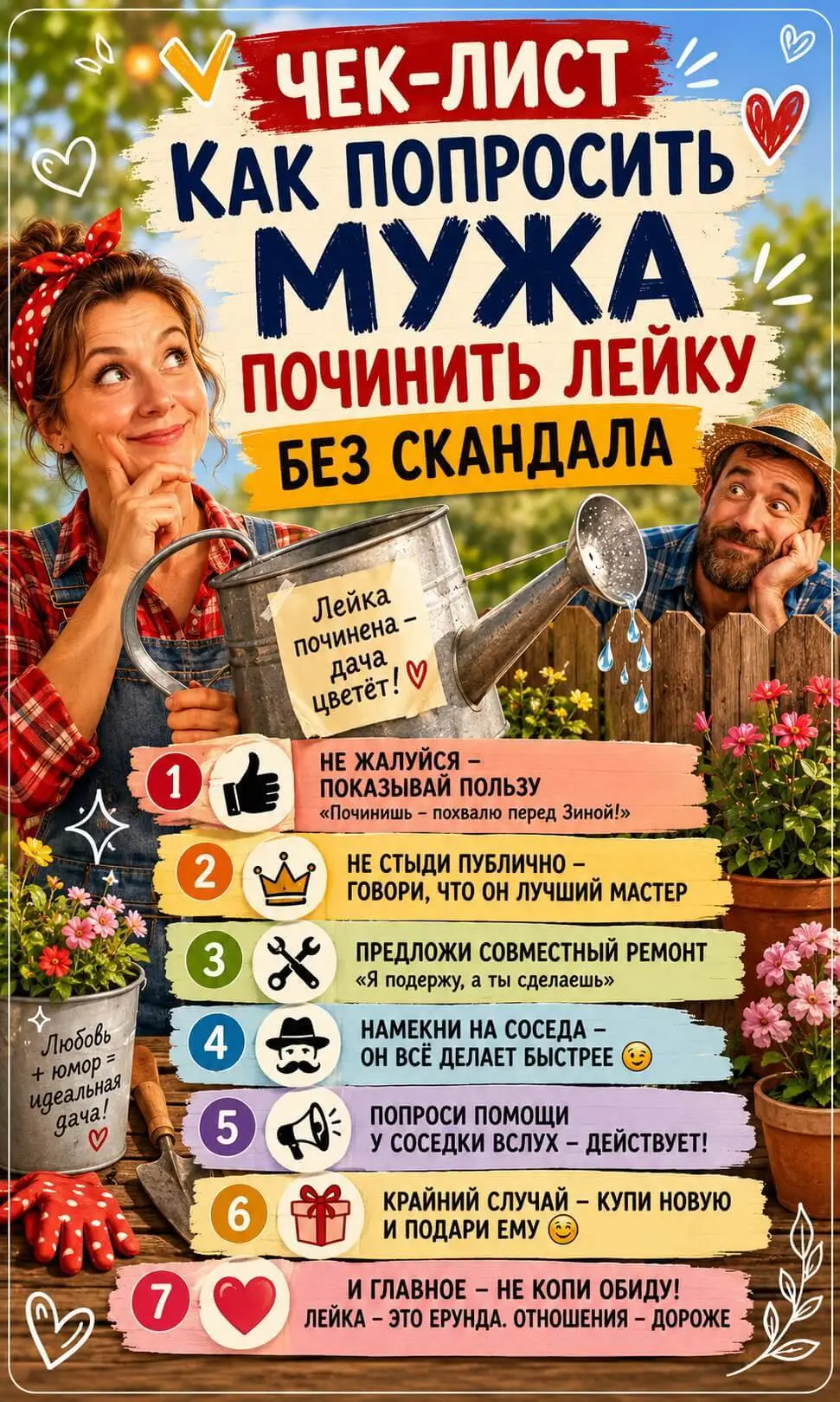 Муж мне лейку третий месяц не чинит