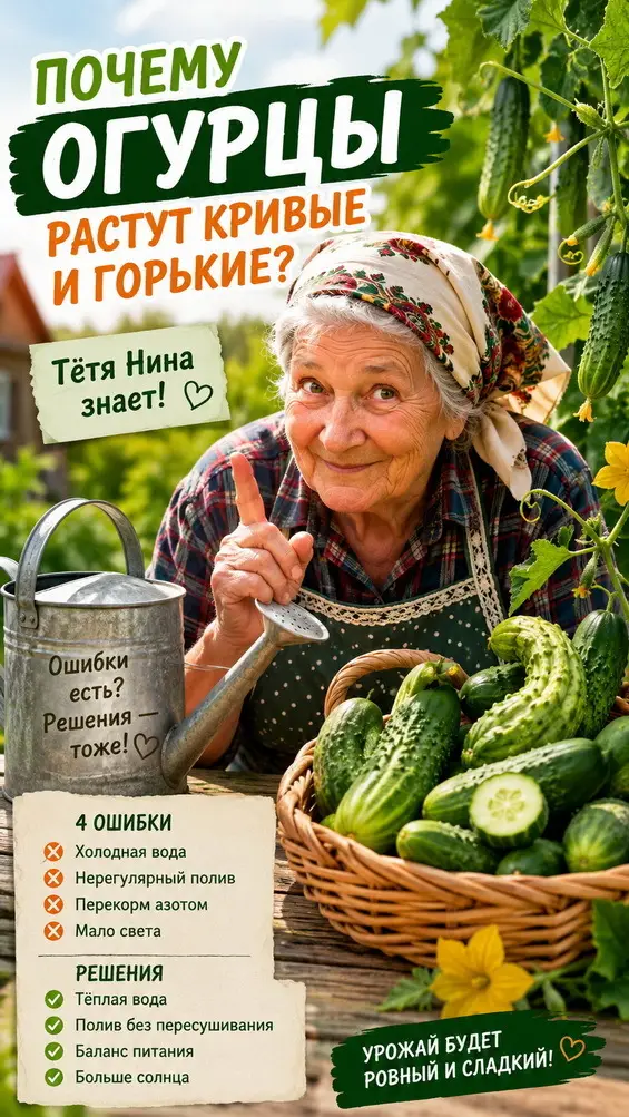 Пожилая женщина показывает кривой и ровный огурец на даче